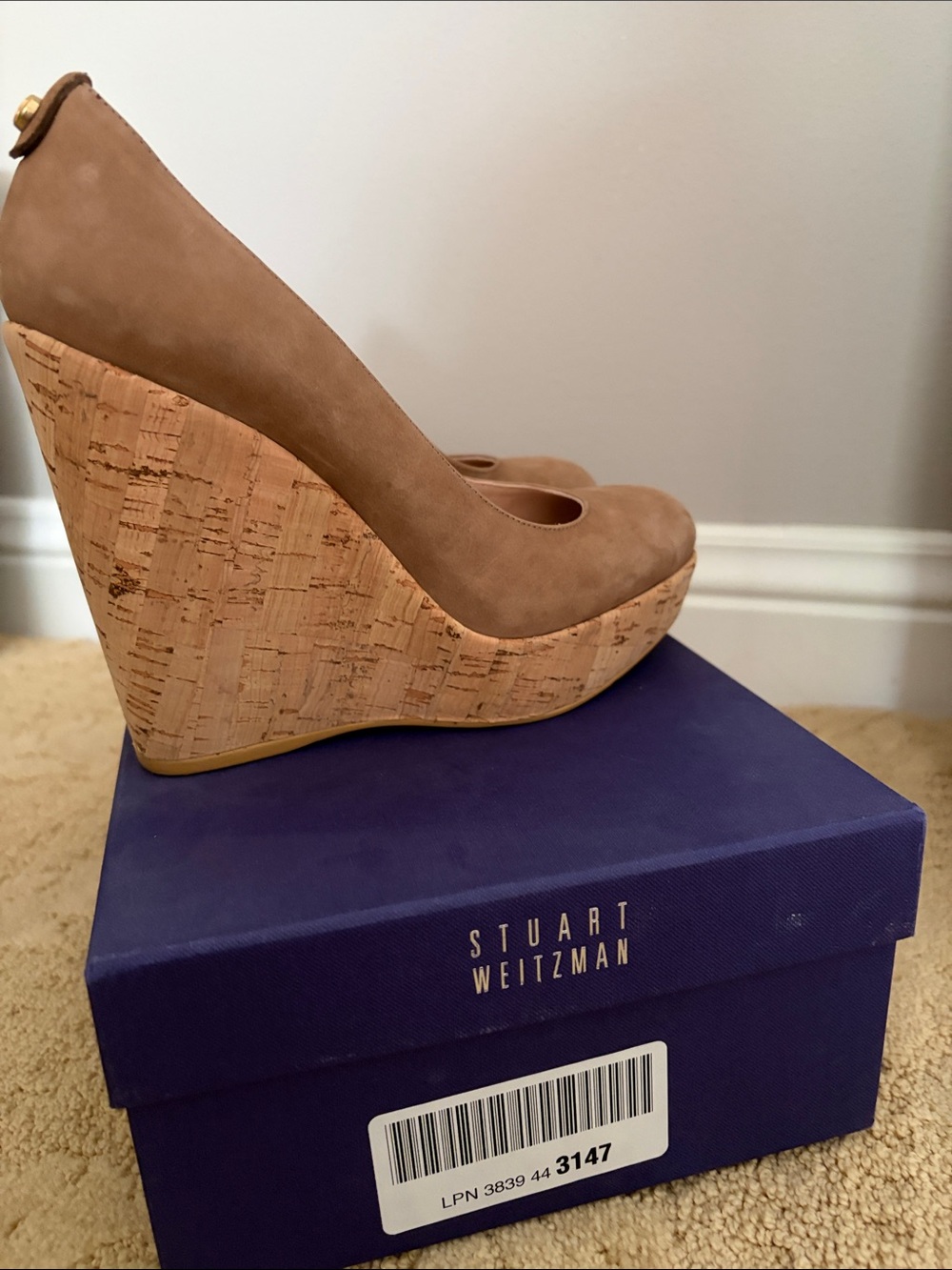 Stuart Weitzman Taupe Suede Cork Wedge Pumps - Picture 3 of 5